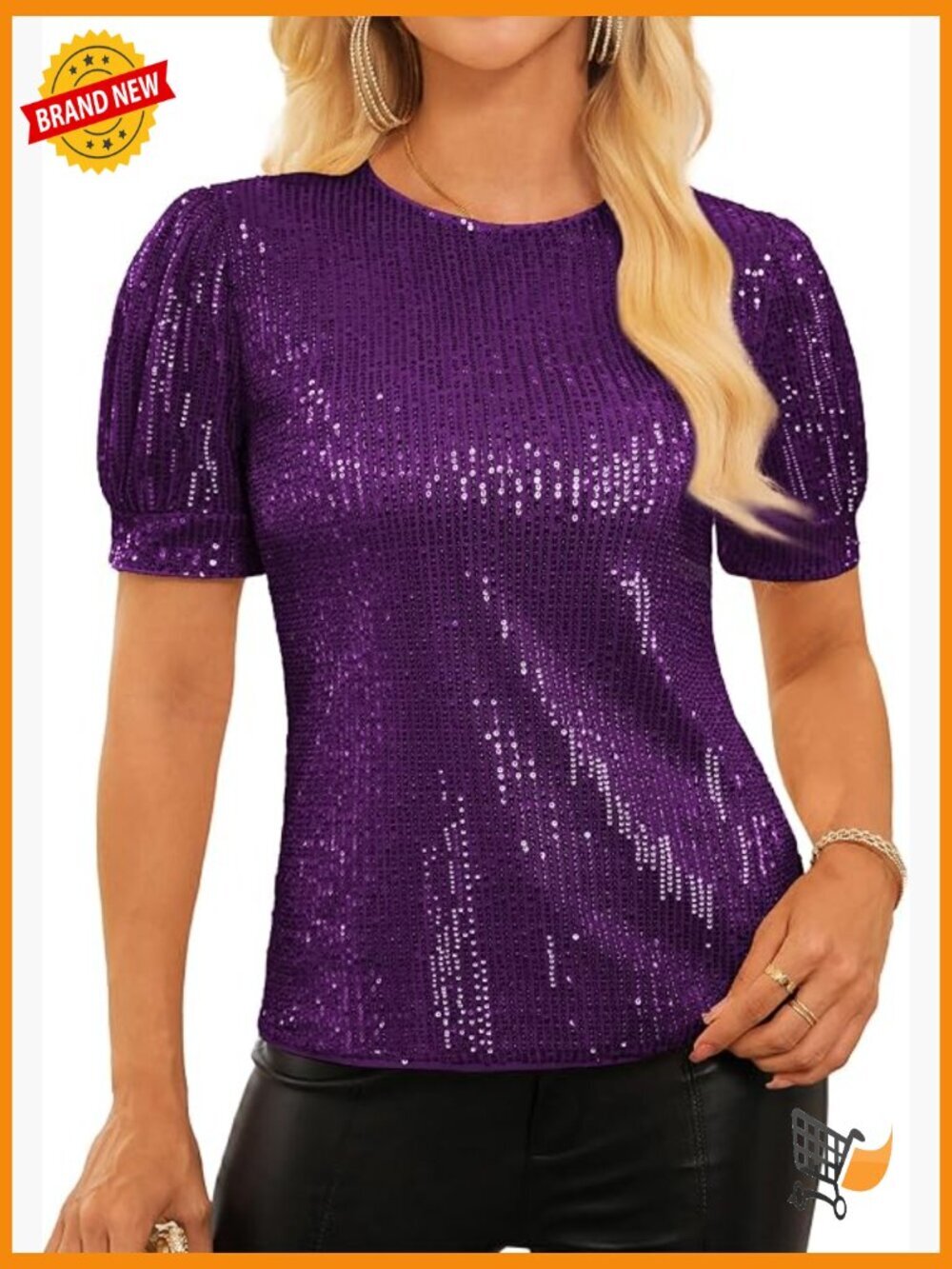 Full Sequin Sparkle Blouse Lantern Short Sleeve Dressy Party Top